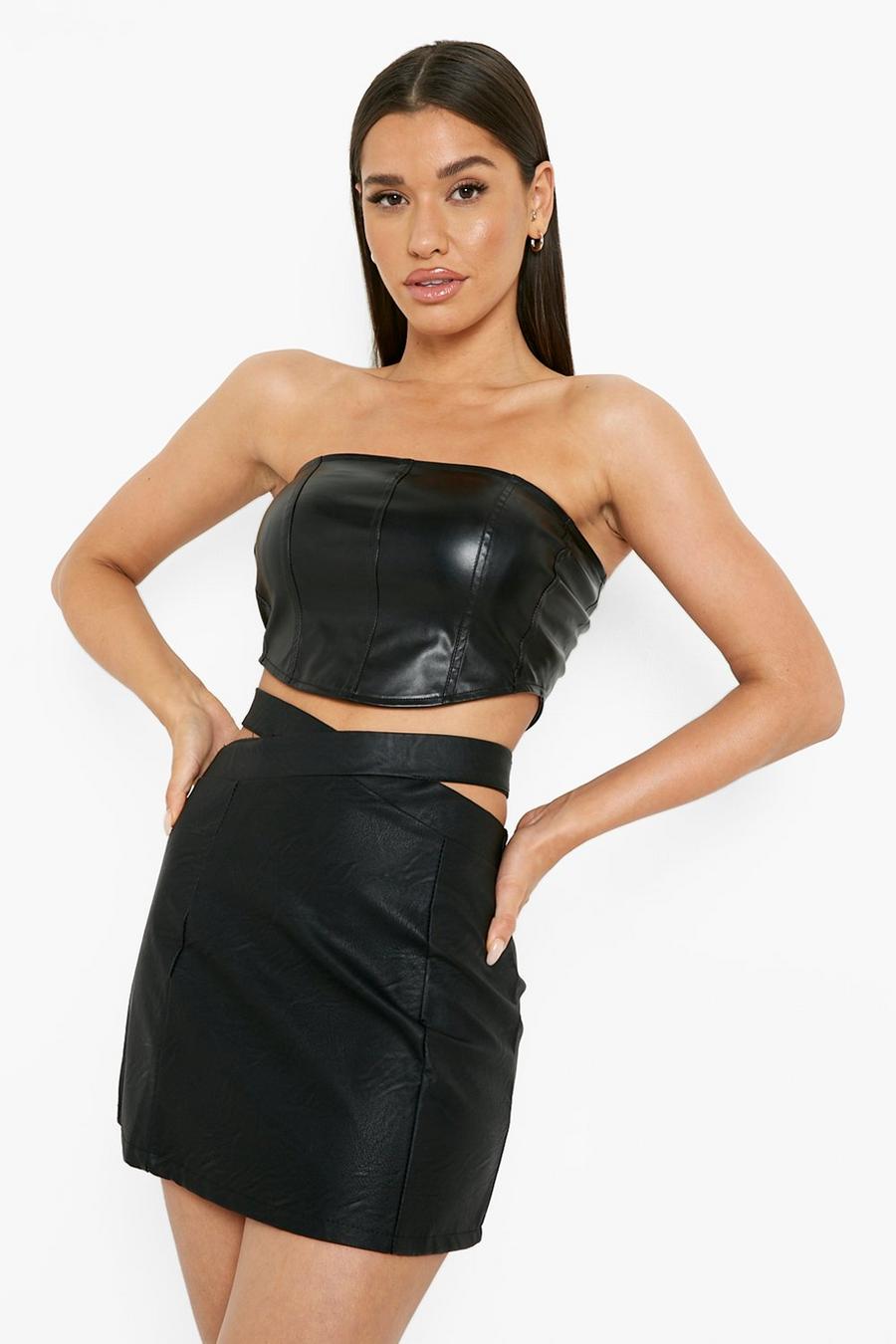 Black svart Cut Out Side Pu Mini Skirt