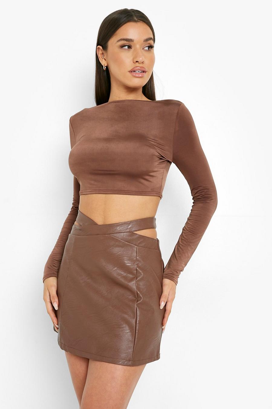 Chocolate brown Cut Out Side Pu Mini Skirt