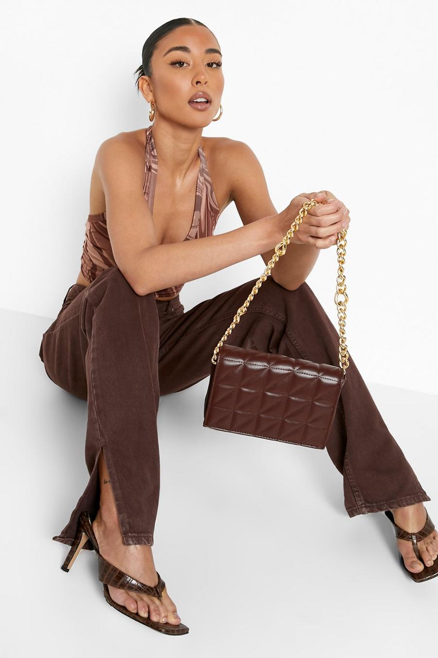 Chocolate Chunky Chain Quilted Shoulder Bag image number 1