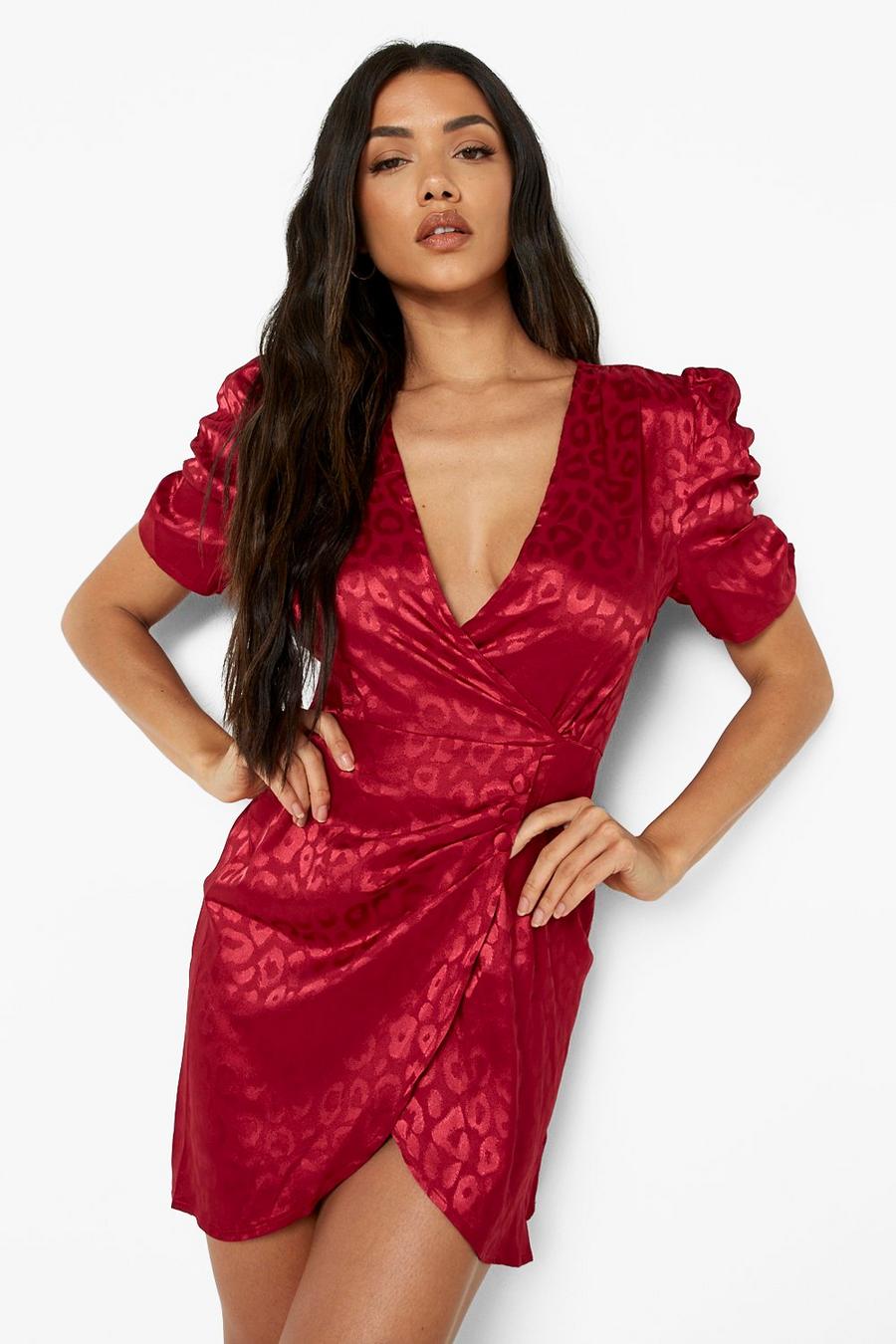Berry red Leopard Jacquard Puff Sleeve Mini Dress