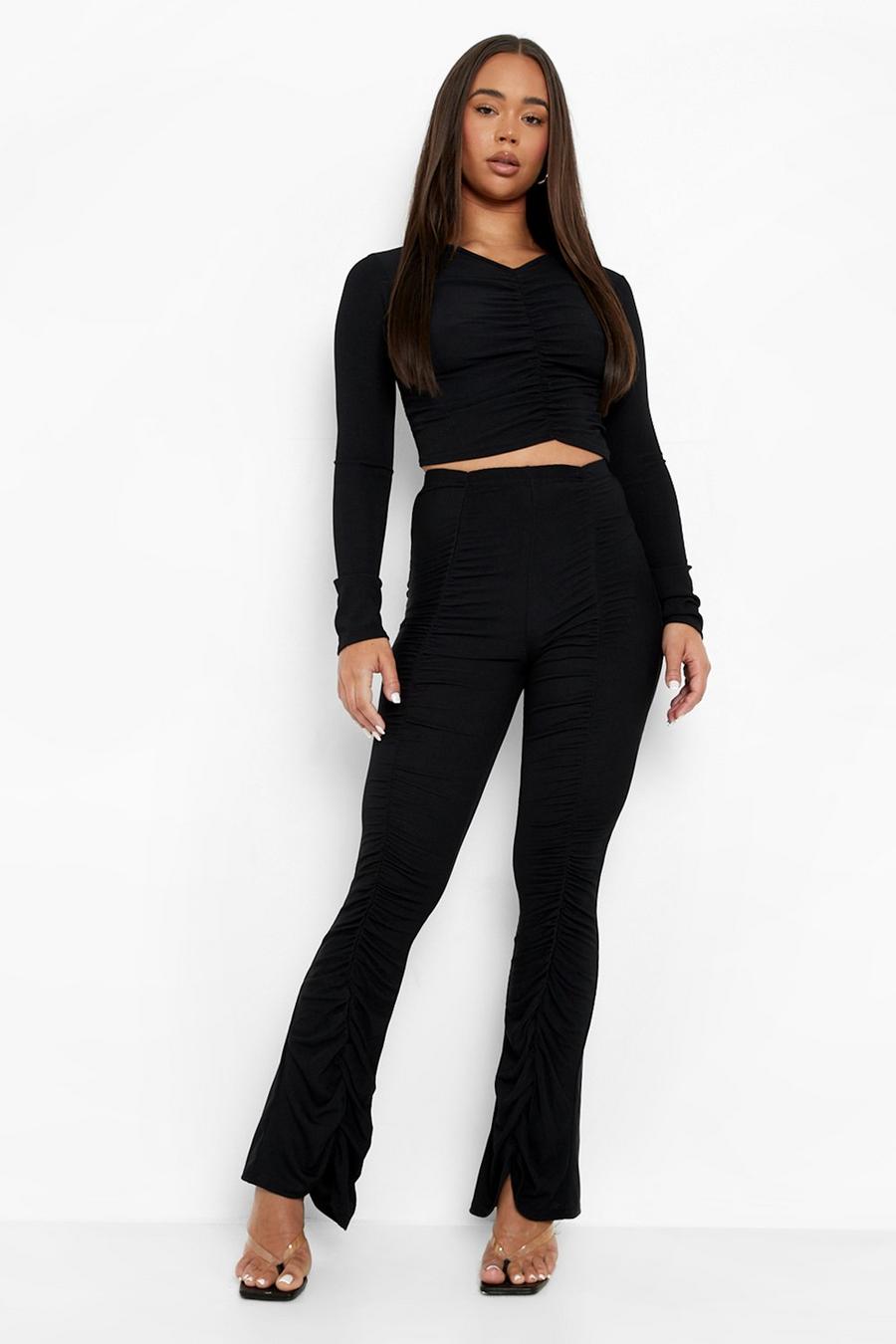 Black Ribbed Ruched Wide Leg Pants And Top image number 1