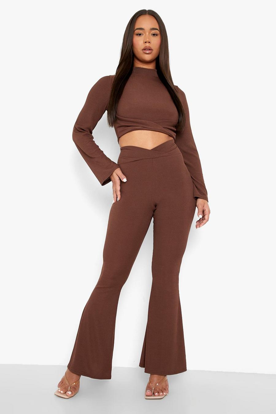 Cappucino Ribbed Twist Detail Wide Leg Trouser & Top image number 1