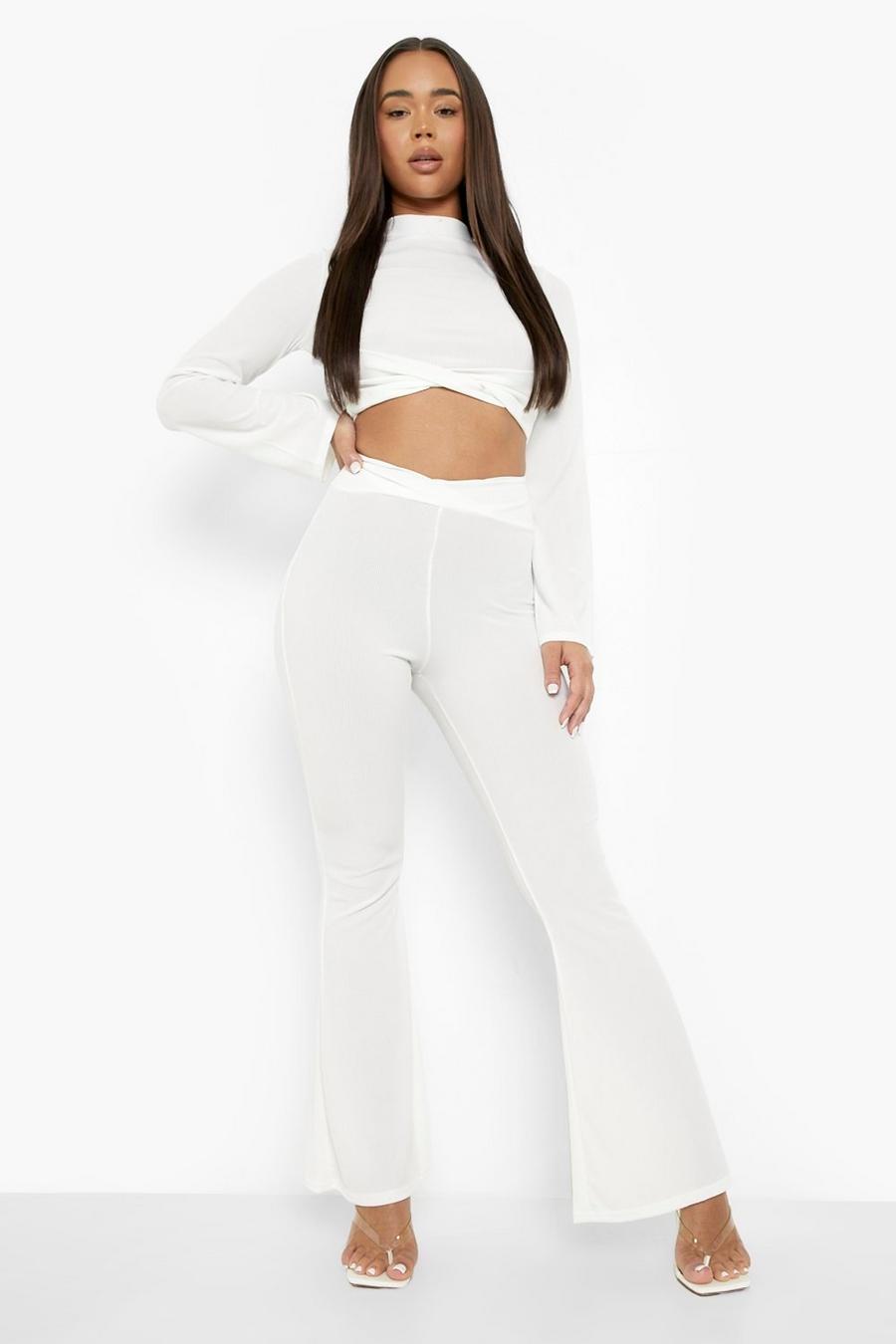 Natural ivory Ribbed Twist Detail Wide Leg Trouser & Top image number 1