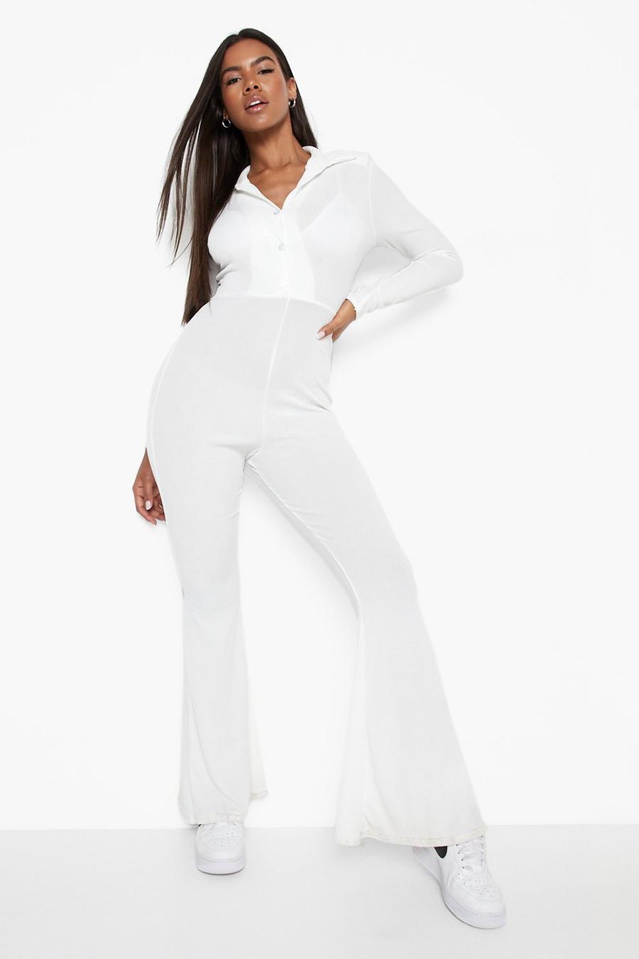 Natural ivory Ribbed Collared Wide Leg Jumpsuit image number 1