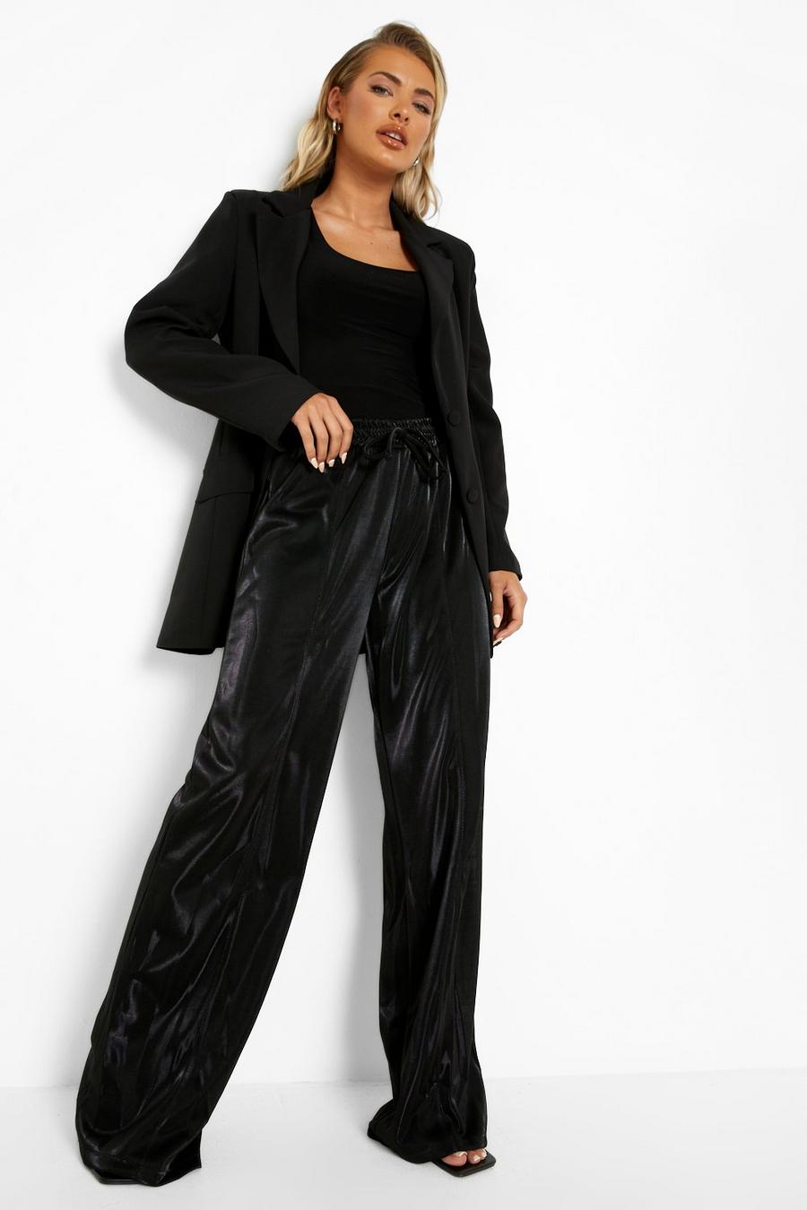 Pantalón de pernera ancha brillante con cordón elástico Luxe, Black image number 1