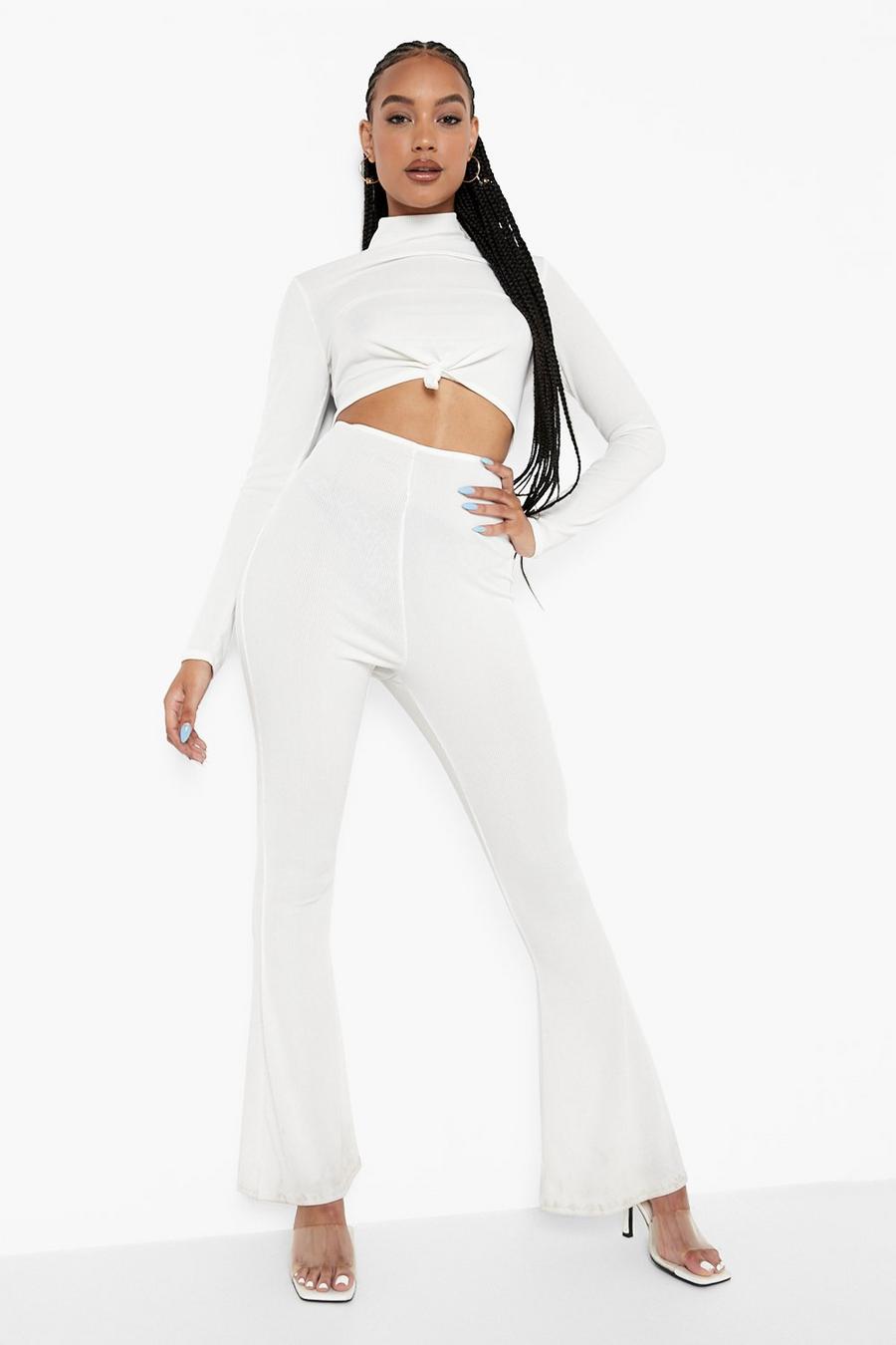 Natural ivory Ribbed High Neck Knot Front Jumpsuit image number 1