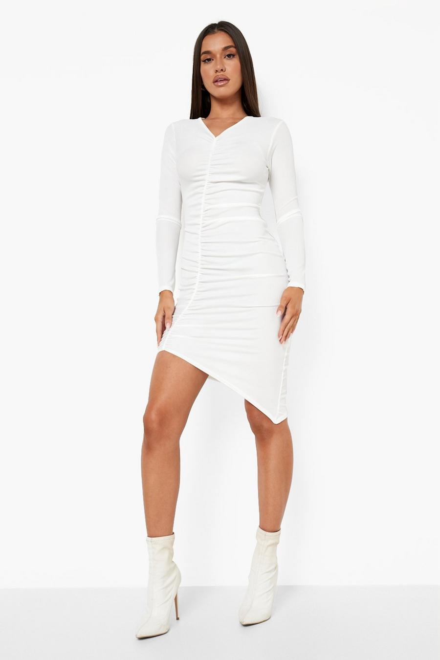 Natural ivory white Ribbed Ruched Front V Neck Mini Dress image number 1