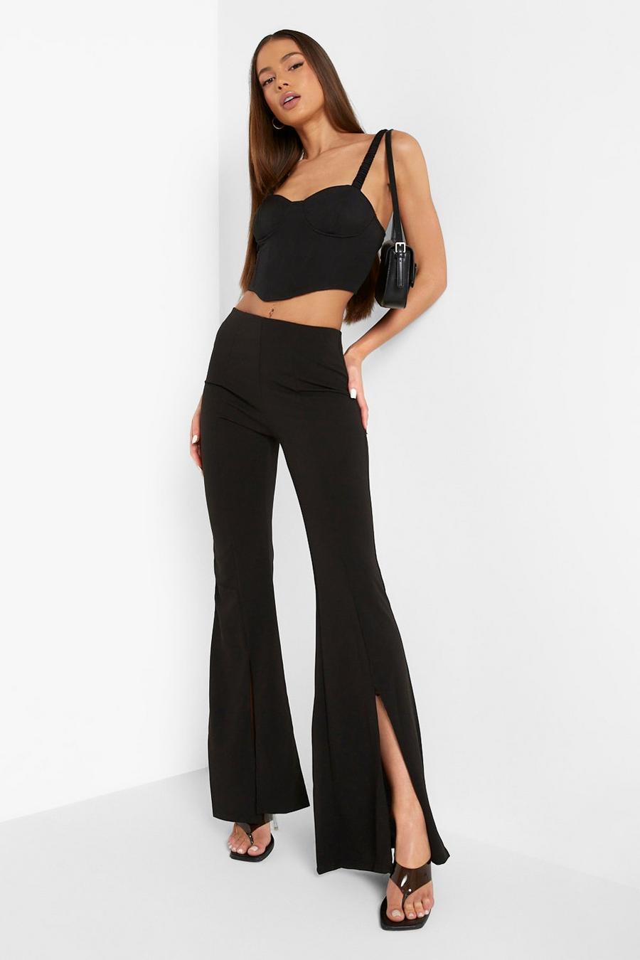 Black Split Front Flared Tailored Woven Pants image number 1