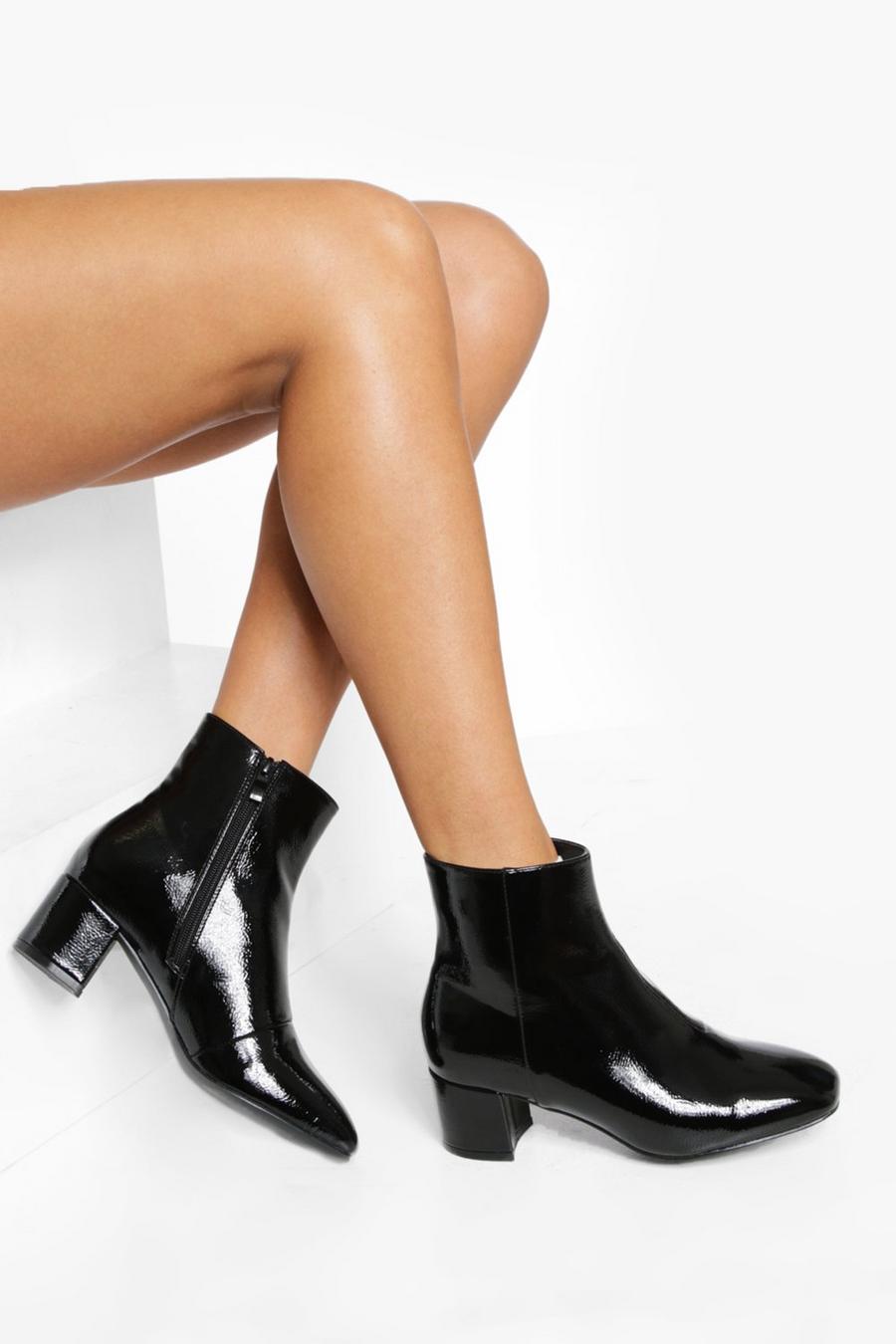 Black svart Wide Fit Low Block Patent Shoe Boots