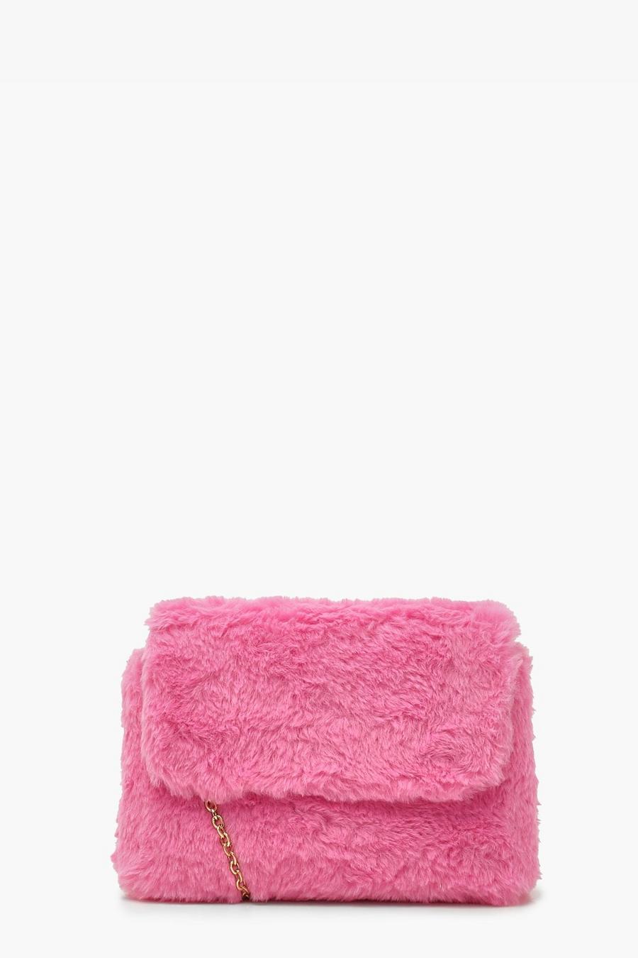 Borsa a tracolla in pelliccia sintetica morbida con catena, Hot pink image number 1