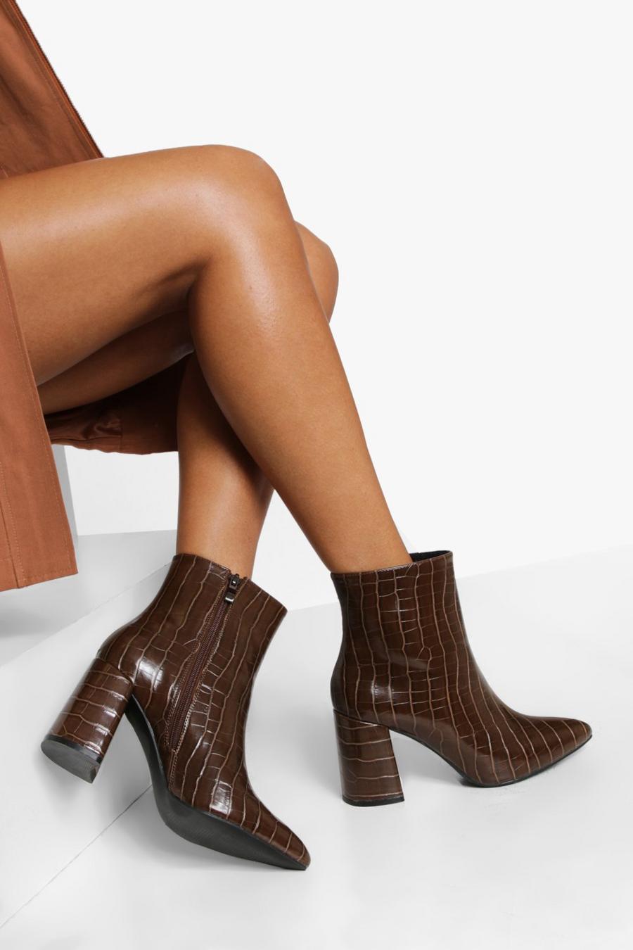 Chocolate brown Wide Width Block Heel Pointed Boots