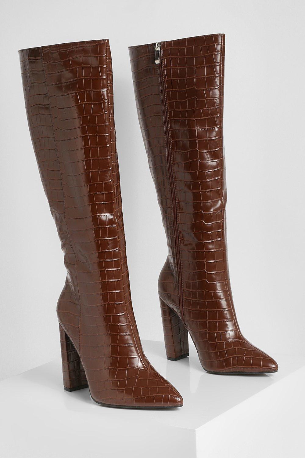 Crocodile print knee online high boots