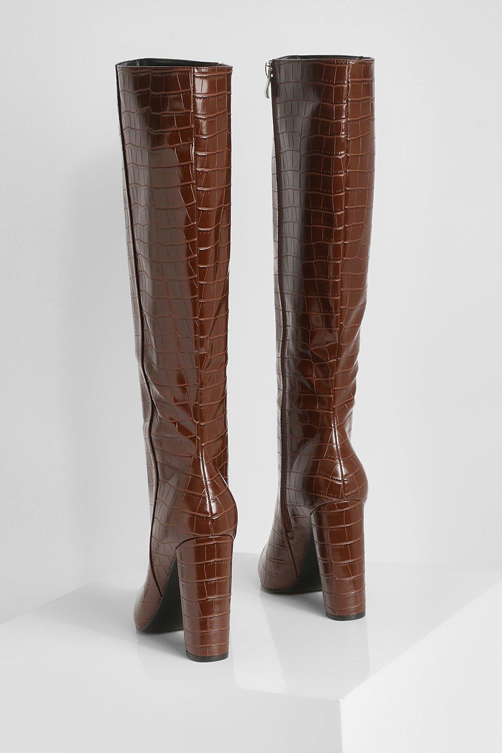 See you Huh cliff Wide Fit Pointed Toe Croc Knee High Boots | boohoo