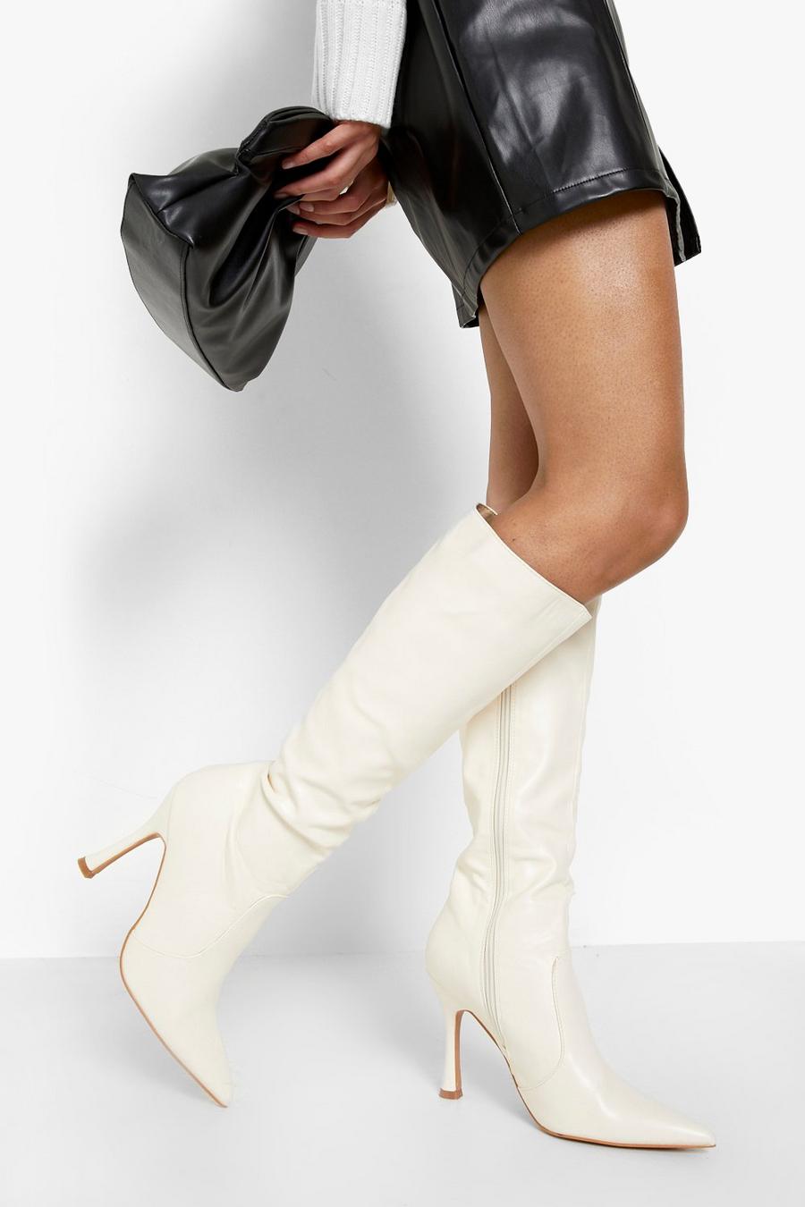 Ecru white Knee High Heeled Boots image number 1