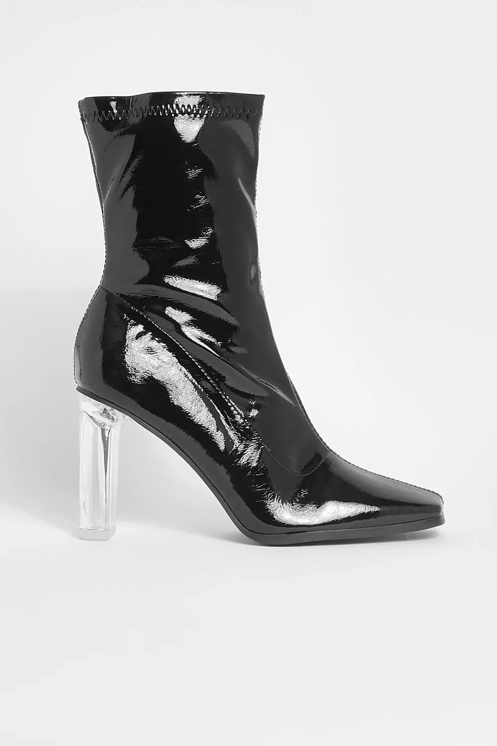 Patent leather boots store with clear heel