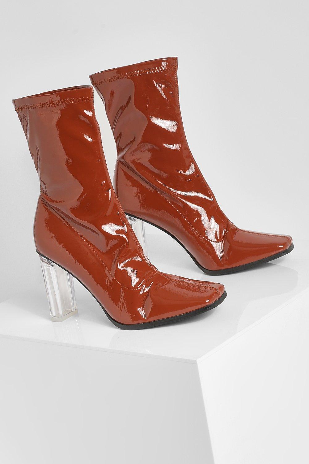 Patent leather boots 2025 with clear heel