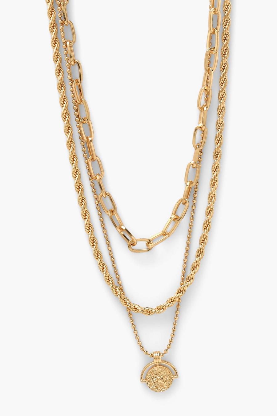 Collier à chaîne triple avec pendentif pièce, Gold métallique