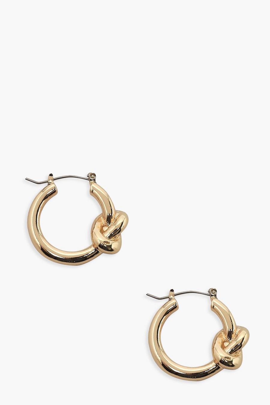 Gold Knotted Smooth Hoop Earrings image number 1