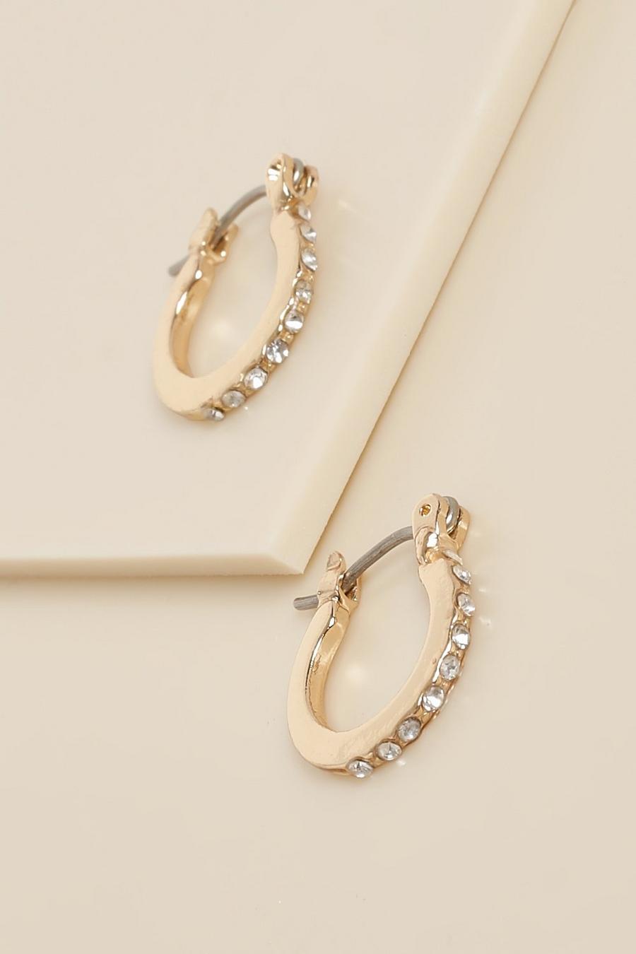 Gold Recycled Set Smooth Rhinestone Hoop Earrings image number 1