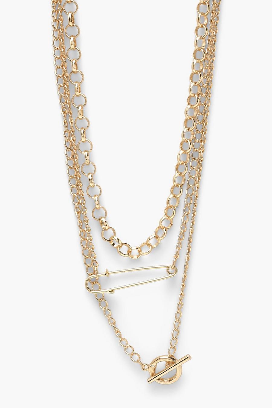 Gold Safety Pin Layered Necklace image number 1