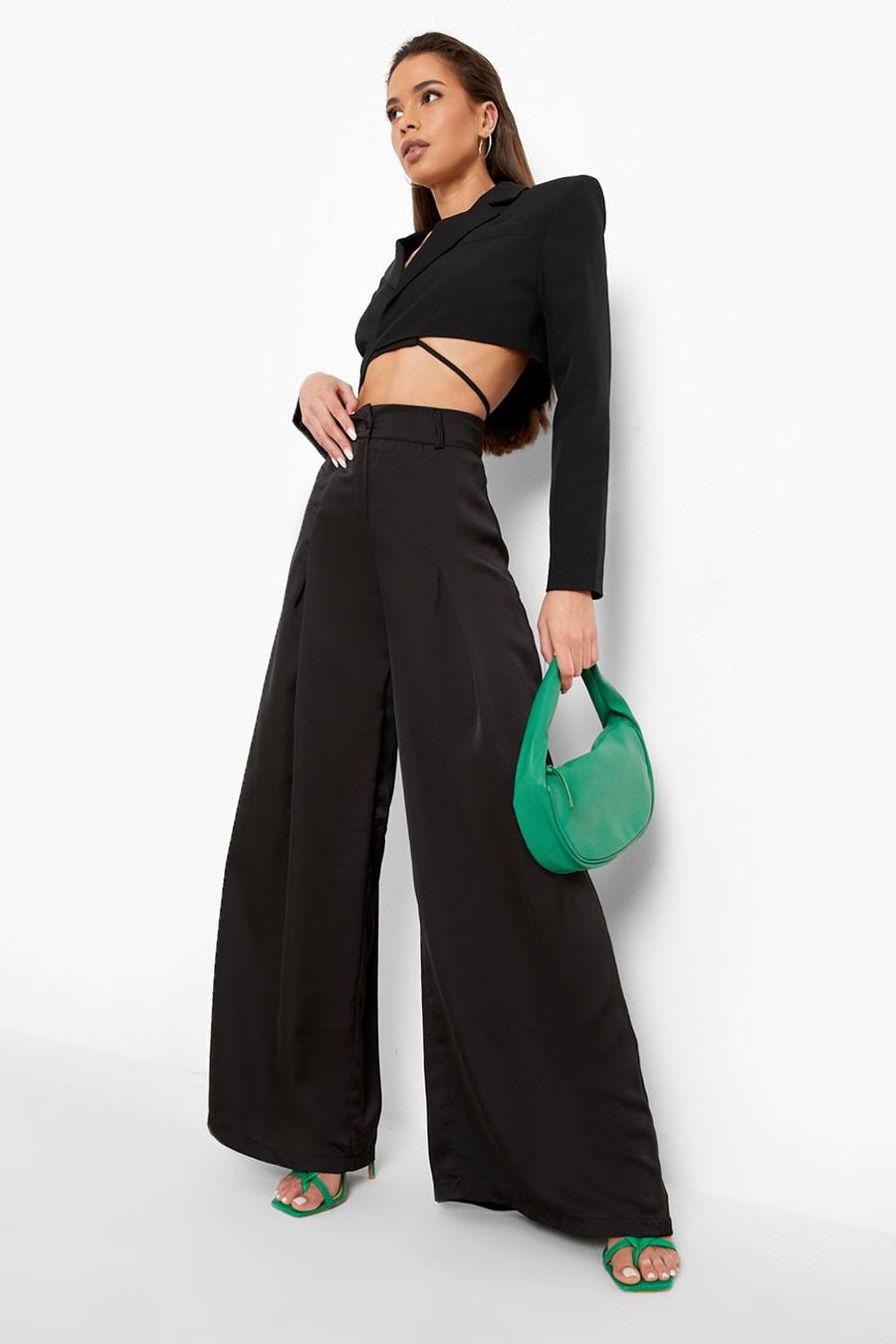 Black Extreme Wide Leg Satin Tailored Trouser image number 1