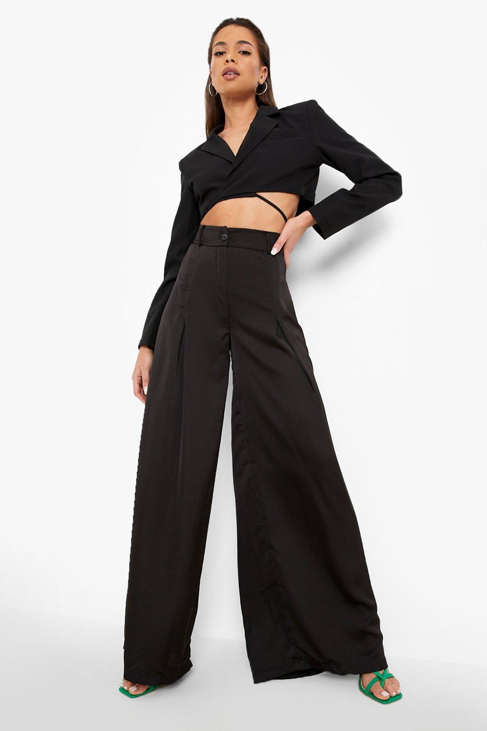 ladies black satin dress pants