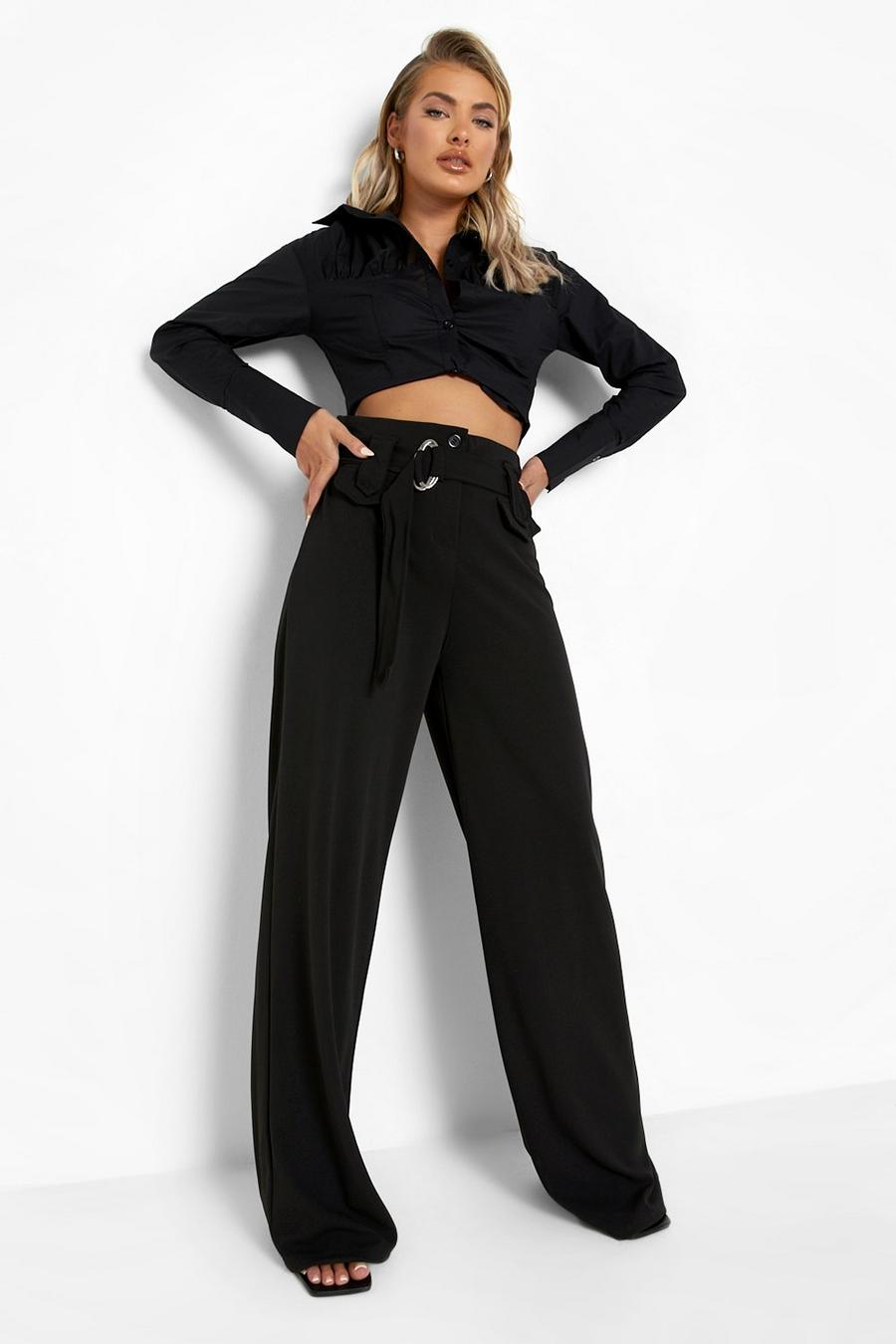 Pantalones con pernera ancha y cinturón, Black image number 1