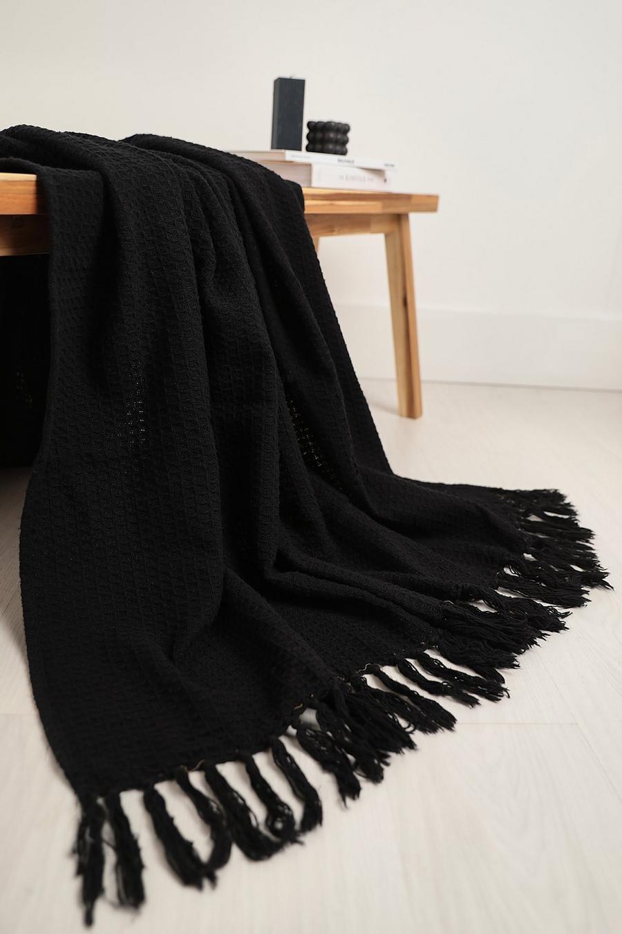 Decke in Waffeloptik mit Fransen, Black noir