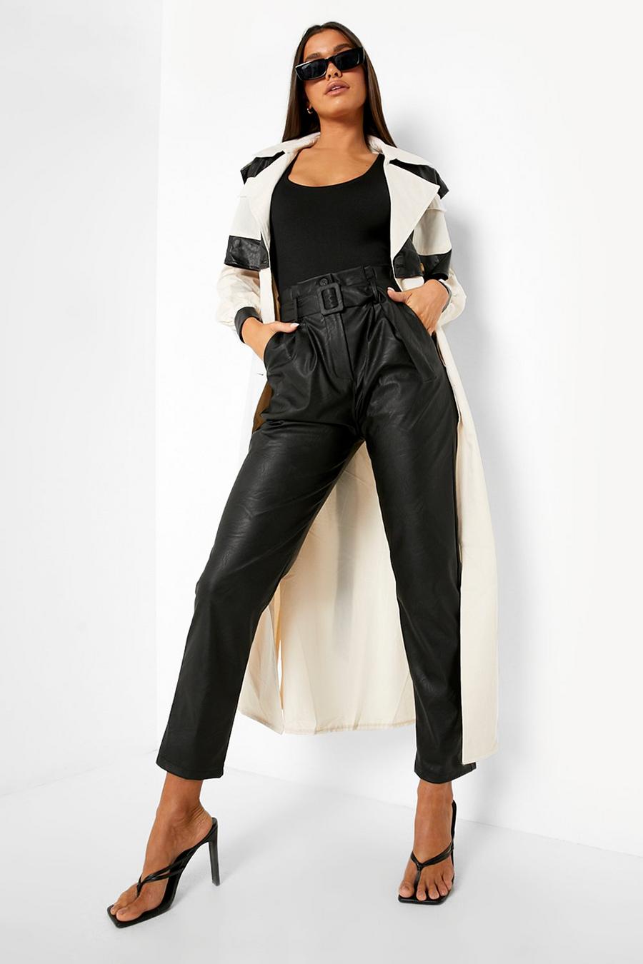 Pantalon taille haute en similicuir à ceinture, Black noir image number 1