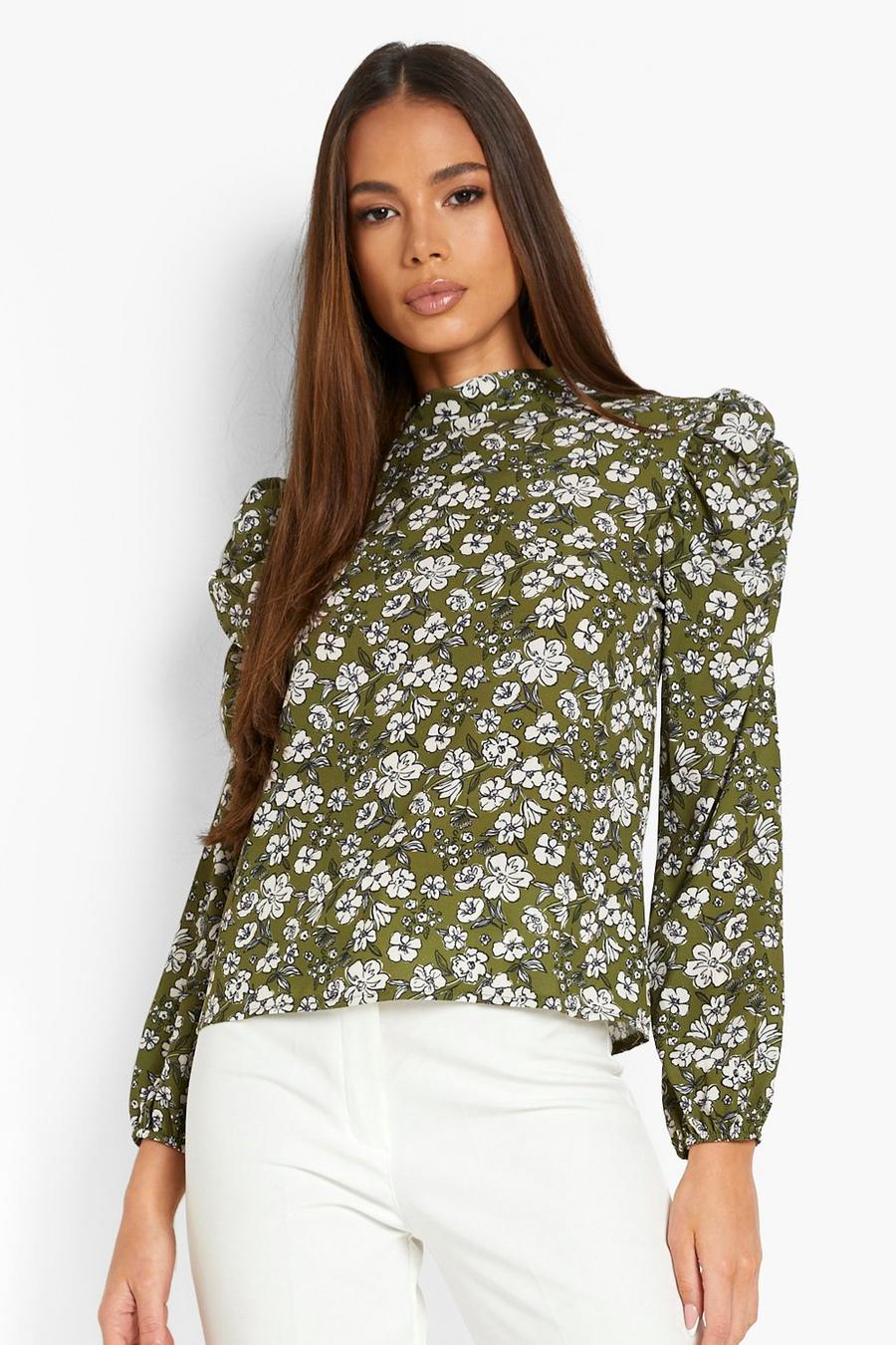 Khaki Floral Puff Sleeve Top image number 1