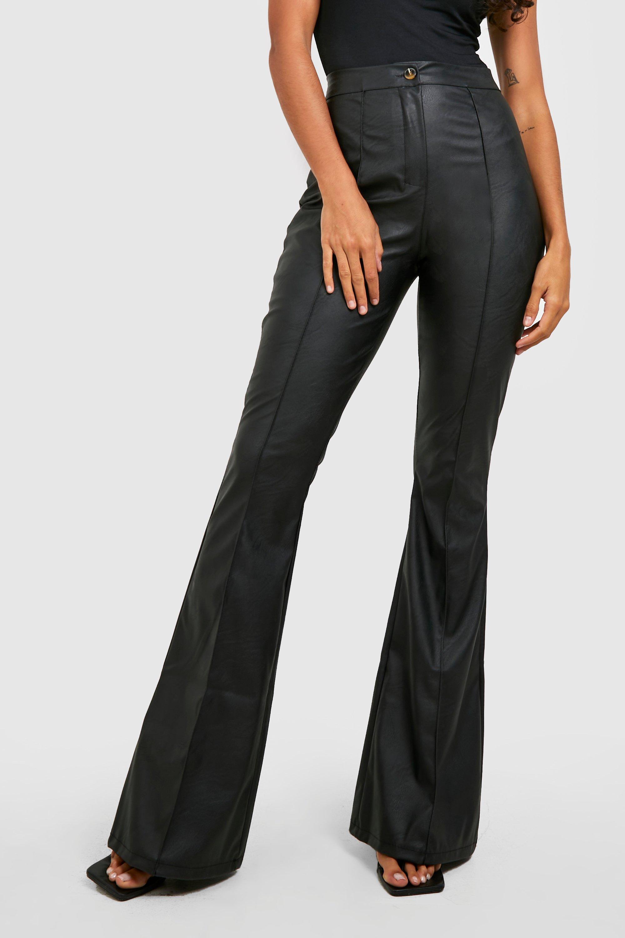 Women Faux Leather Flared Pants High Waist Bell Bottoms Trousers