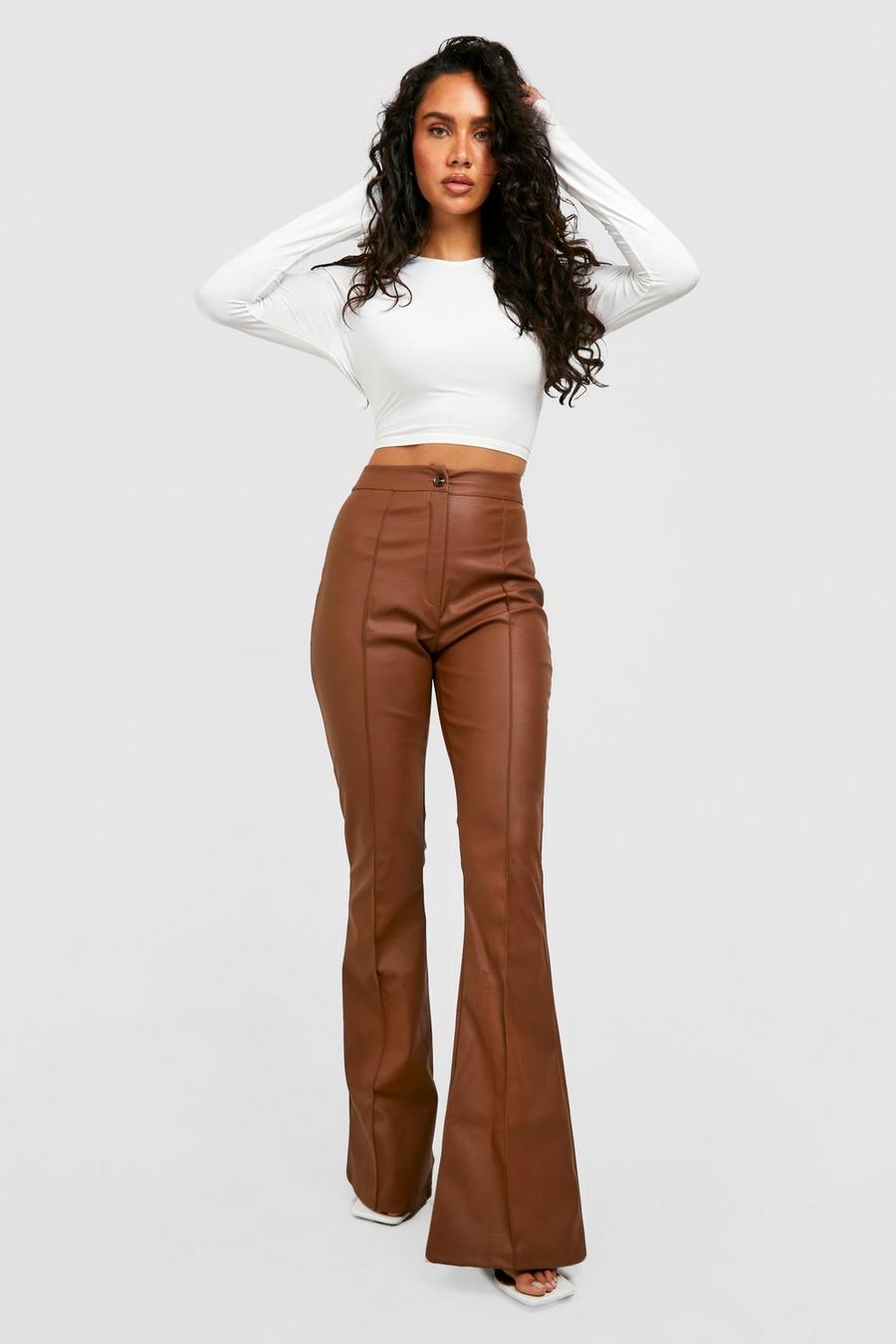 Chocolate High Waisted Leather Look Flared Trousers image number 1