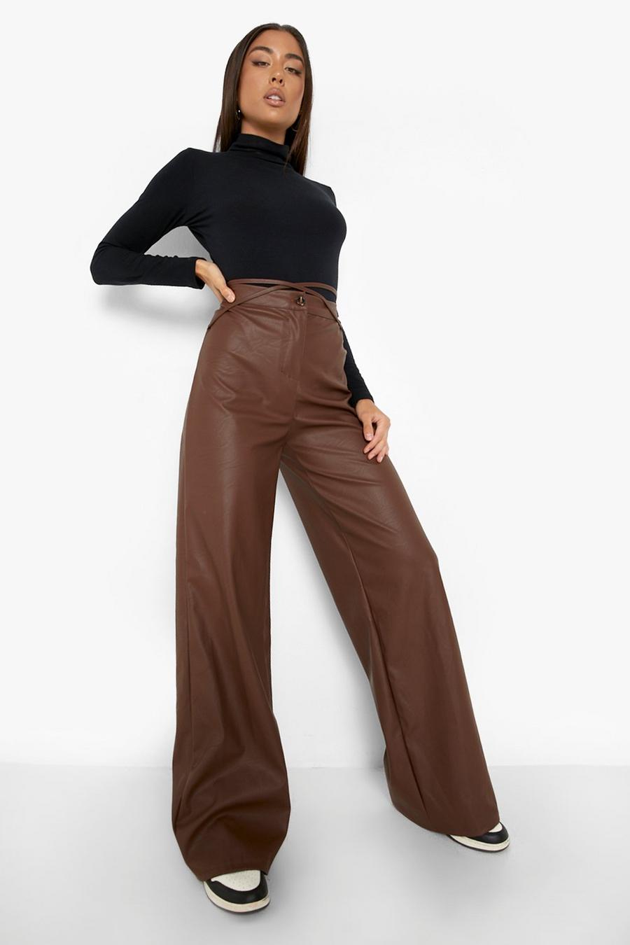 Chocolate Tie Waist Detail Wide Leg Faux Leather Trouser image number 1