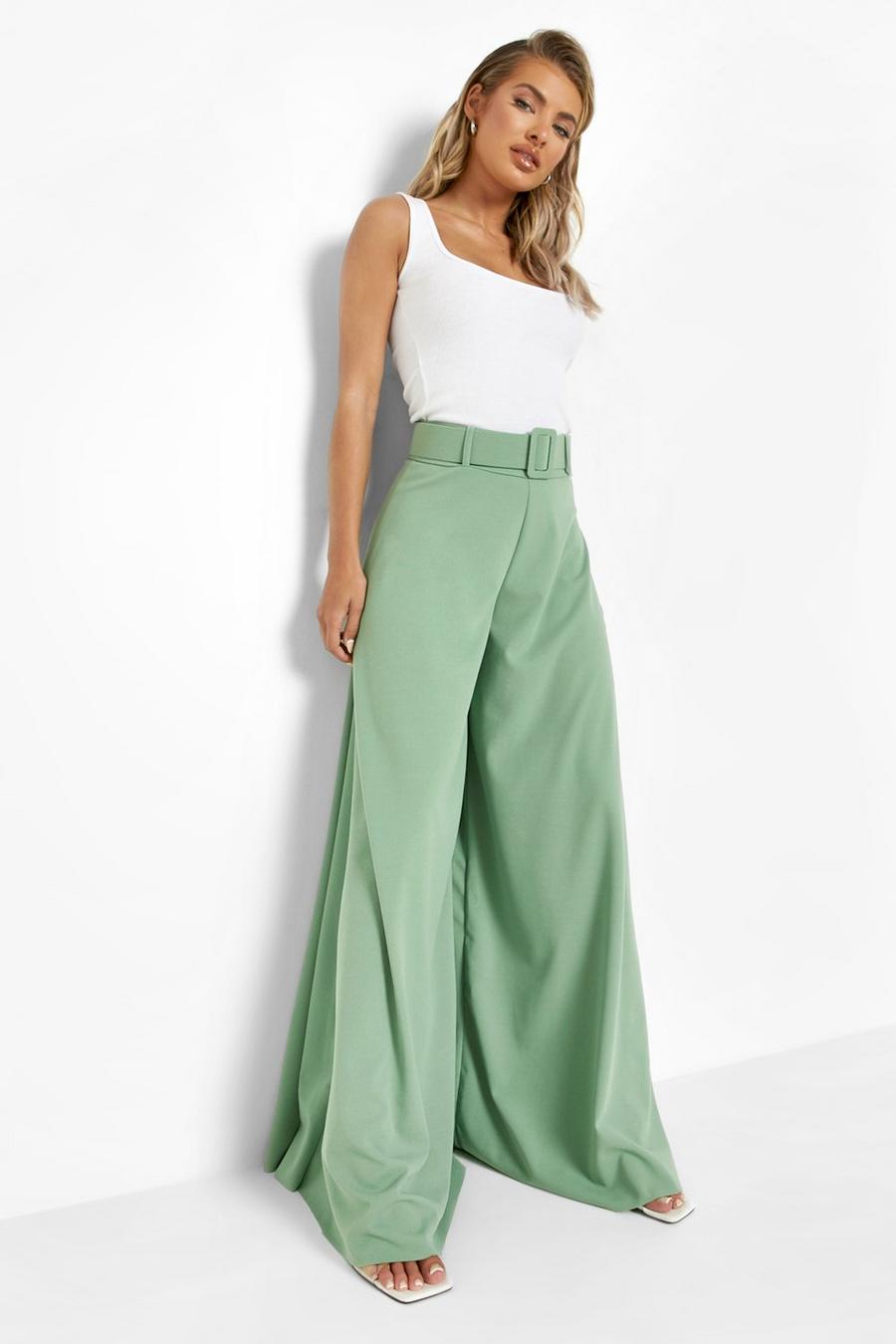 Olive High Waisted Belted Extreme Wide Leg Trousers image number 1