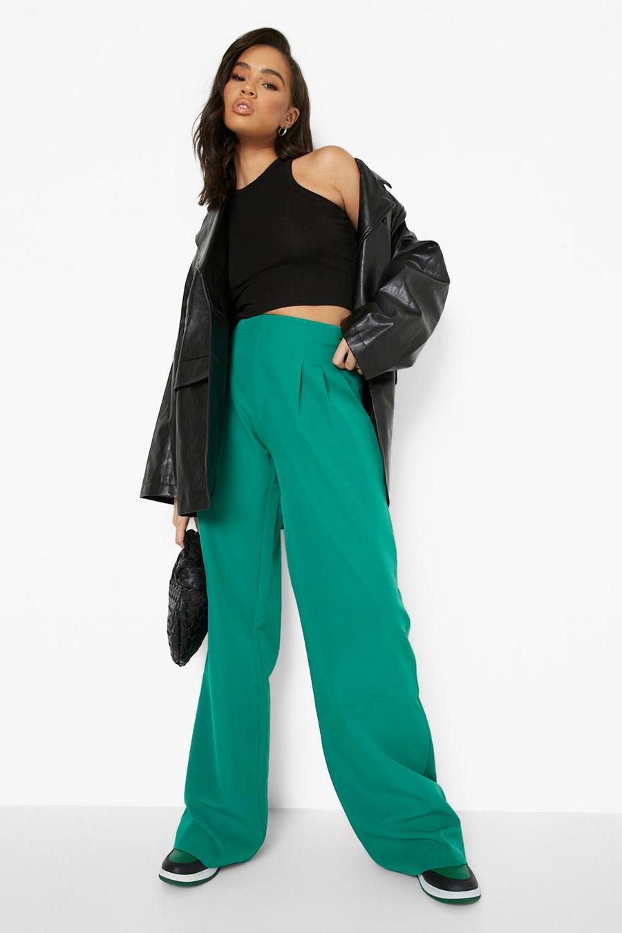 Green Wide Leg Pleated High Waist Pants image number 1
