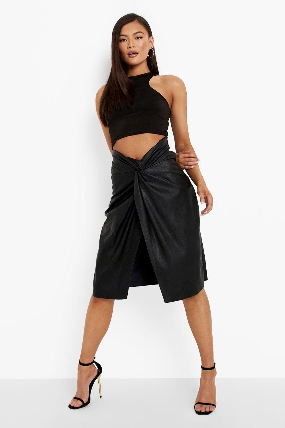 Twist Waist Split Front Pu Midi Skirt boohoo IE