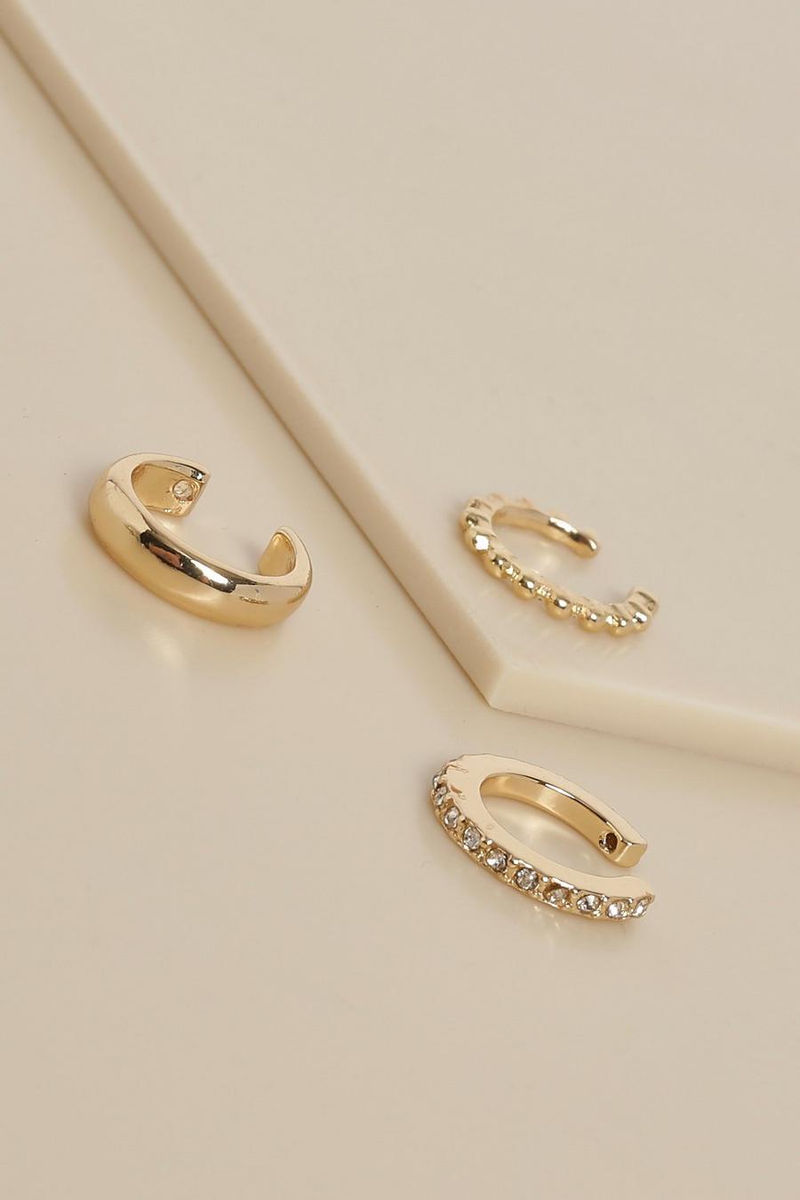 זהב מארז 3 זוגות עגילי חפתים ממתכת ממוחזרת עם טקסטורה ויהלומים image number 1