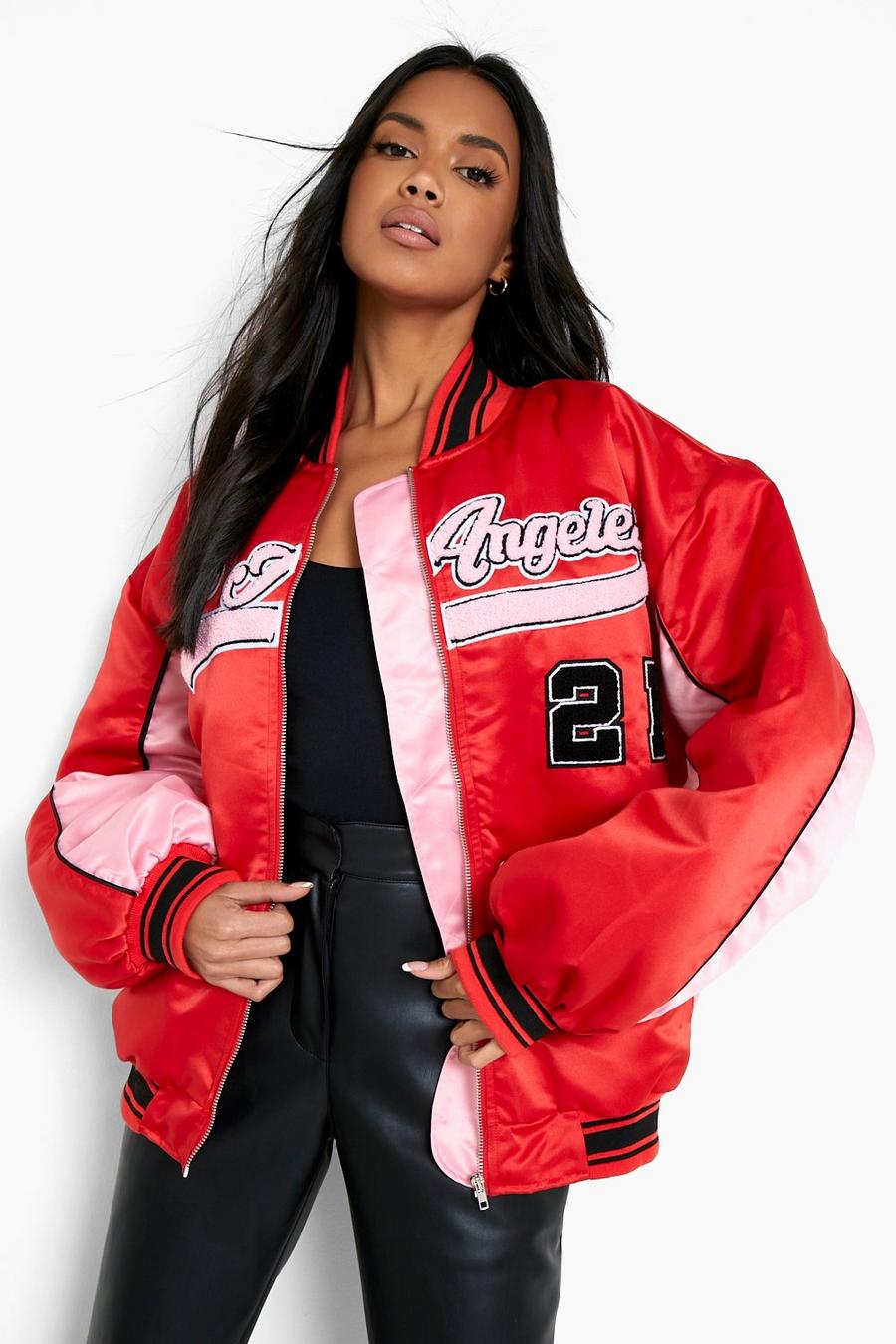 El Contente Women Varsity Jacket Cropped Baseball Jacket Bomber Coats Fashion Streetwear - Red, L