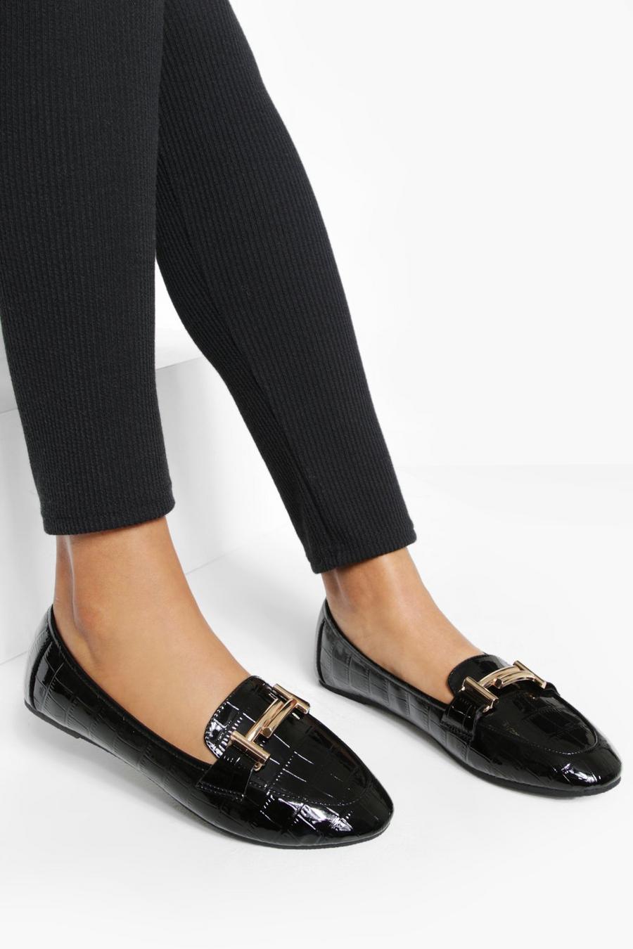 Black Wide Width Patent Croc Double Bar Loafers