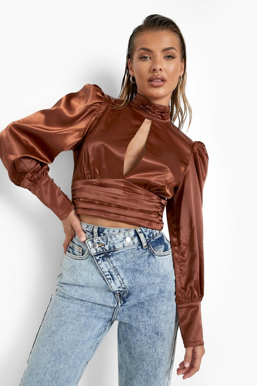 Chocolate High Neck Puff Sleeve Crop Top image number 1