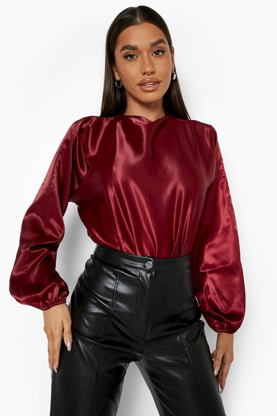 Berry Puff Sleeve Satin Bodysuit image number 1
