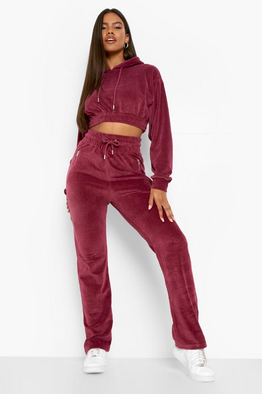 Berry red Velour Thick Waistband Straight Leg Joggers image number 1