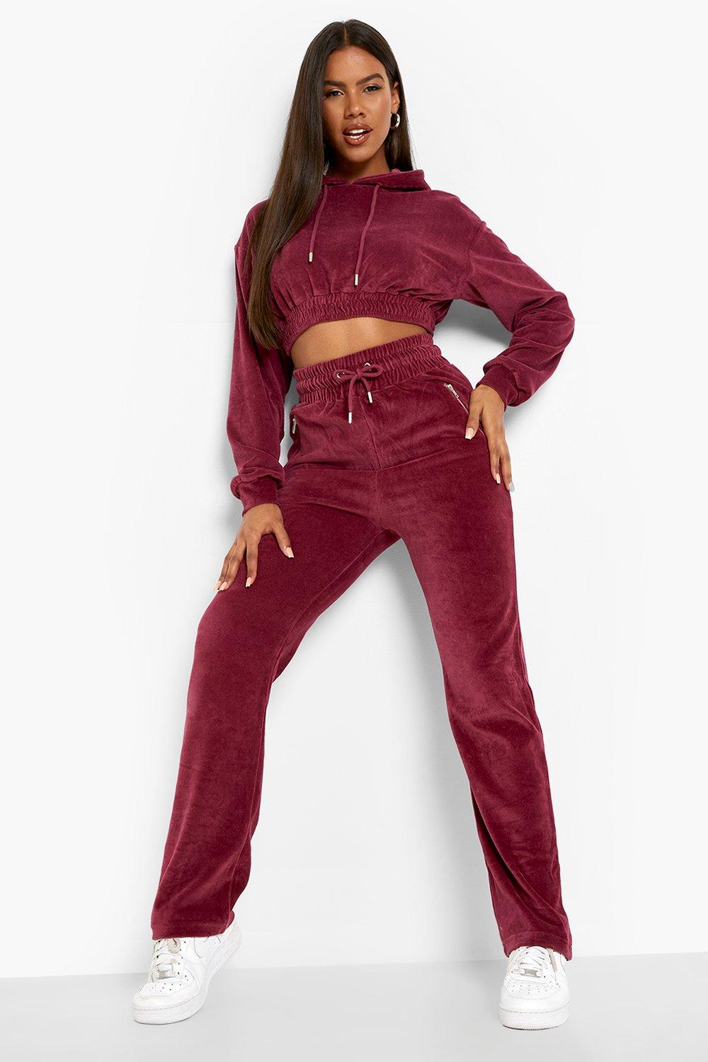 Women s Red Velour Thick Waistband Straight Leg Joggers Boohoo UK