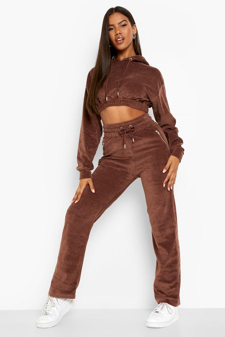 Chocolate brun Velour Thick Waistband Straight Leg Joggers image number 1