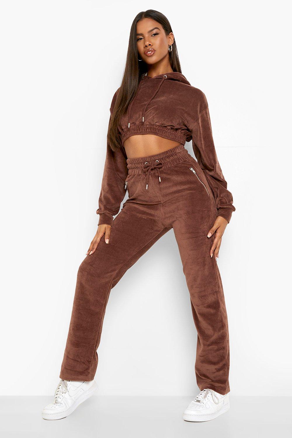 ZIP UP Tracksuit Set with Wide Leg Joggers in Velour