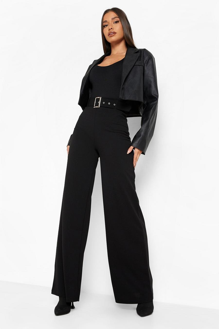 שחור מכנסיים עם חגורה בגזרה רחבה image number 1