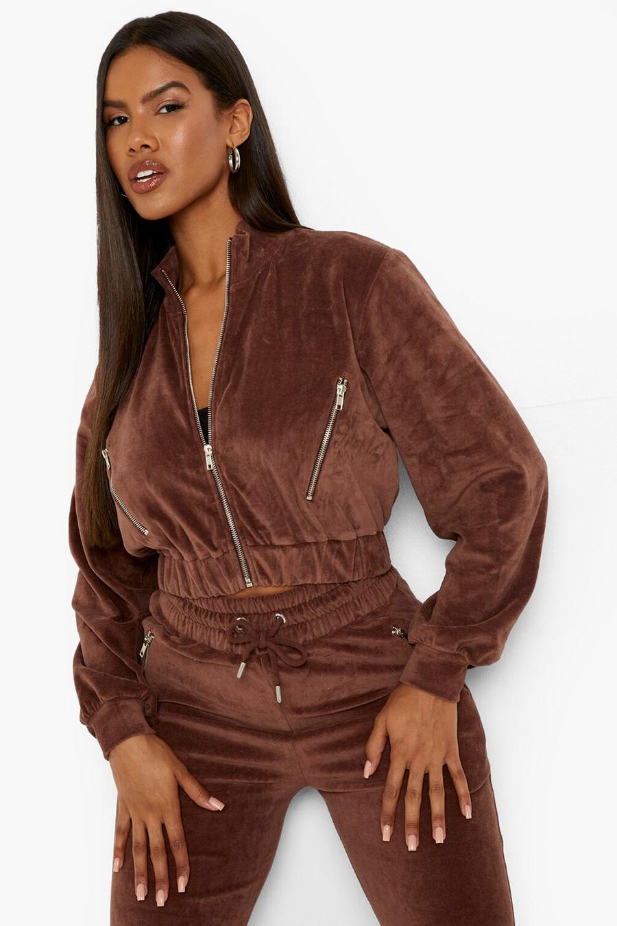 Chocolate Velour Funnel Neck Zip Through Sweater image number 1