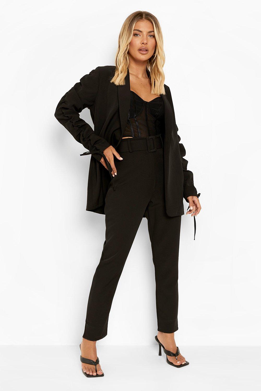 Black Self Fabric Belted Tailored Trousers