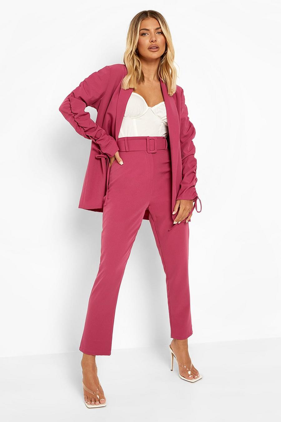 Magenta pink Self Fabric Belted Dress Pants image number 1