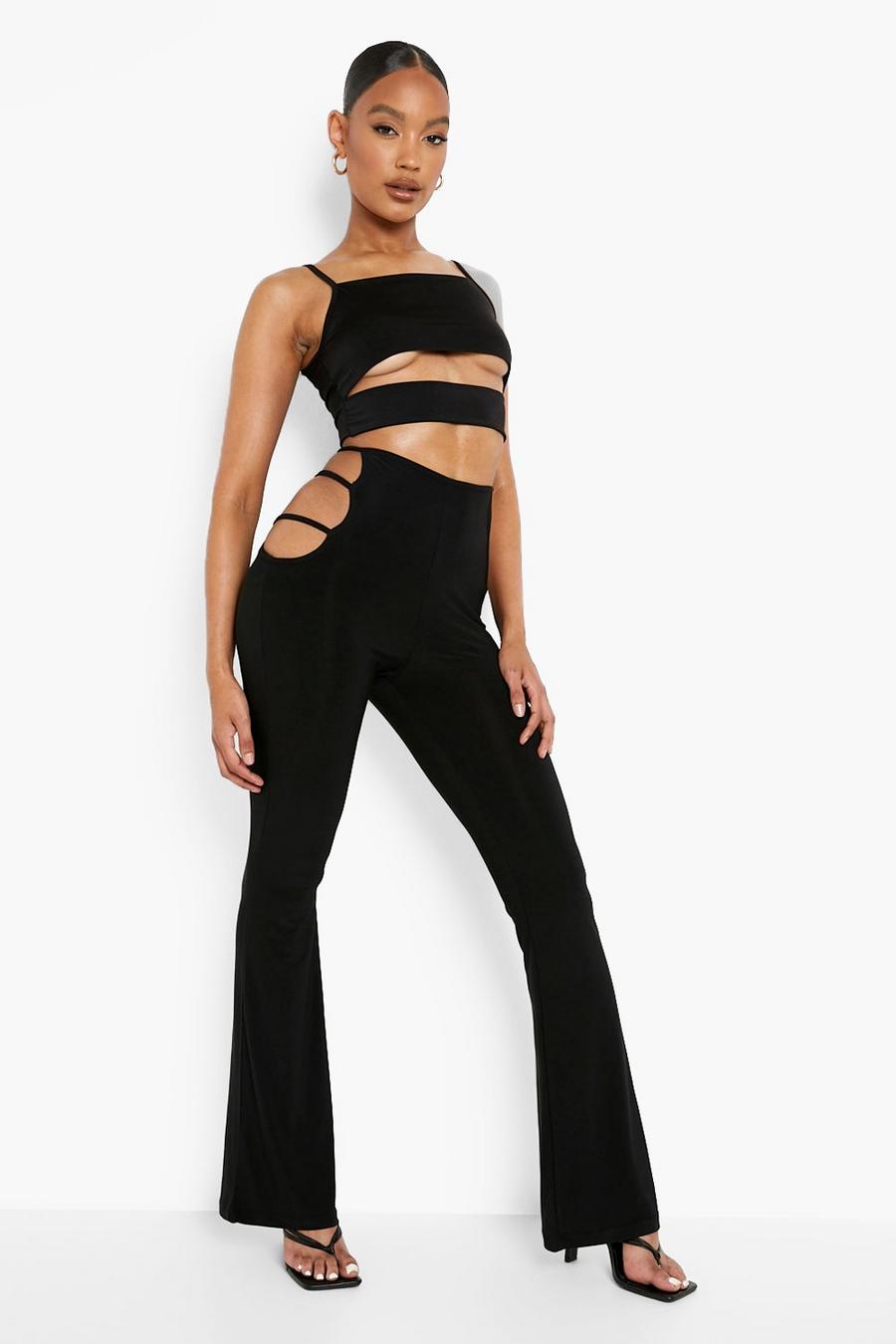 Black Cut Out Strappy Flared Trousers image number 1